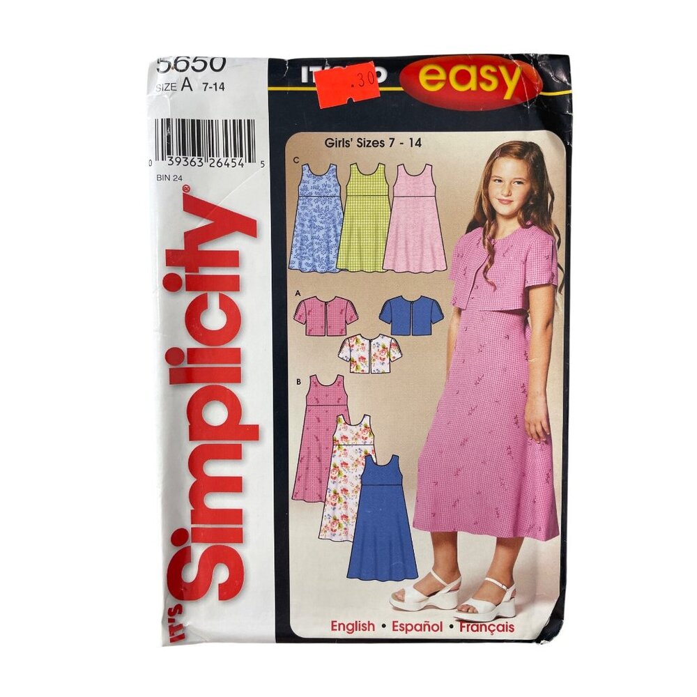 Simplicity 5650 Sewing Pattern Size A 7-14 Girls Jacket & Dress Or Jumper UNCUT